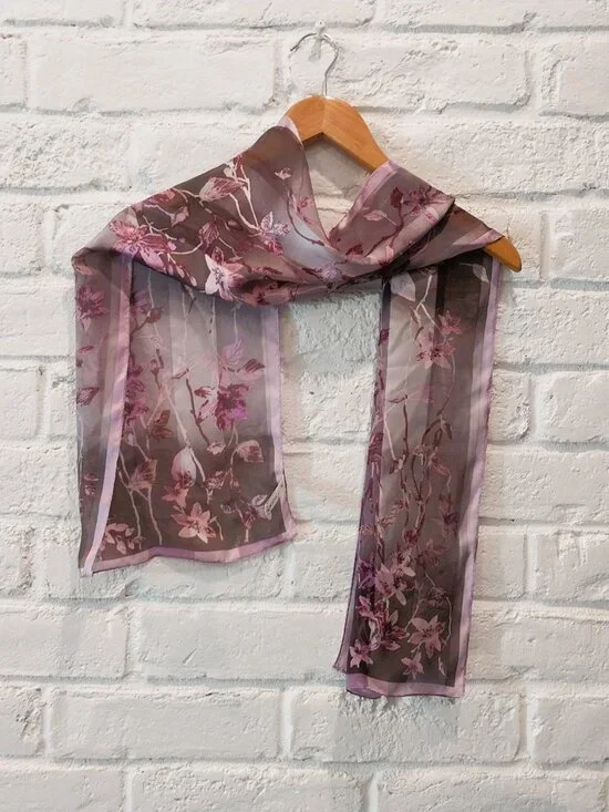 100% Silk Scarf Pink Brown Gray Floral Oblong 11x52 Lightweight by Anne Klein. - Picture 3 of 9